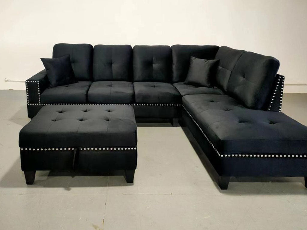 Sectional Sofa with Ottoman Black Velvet 2208R