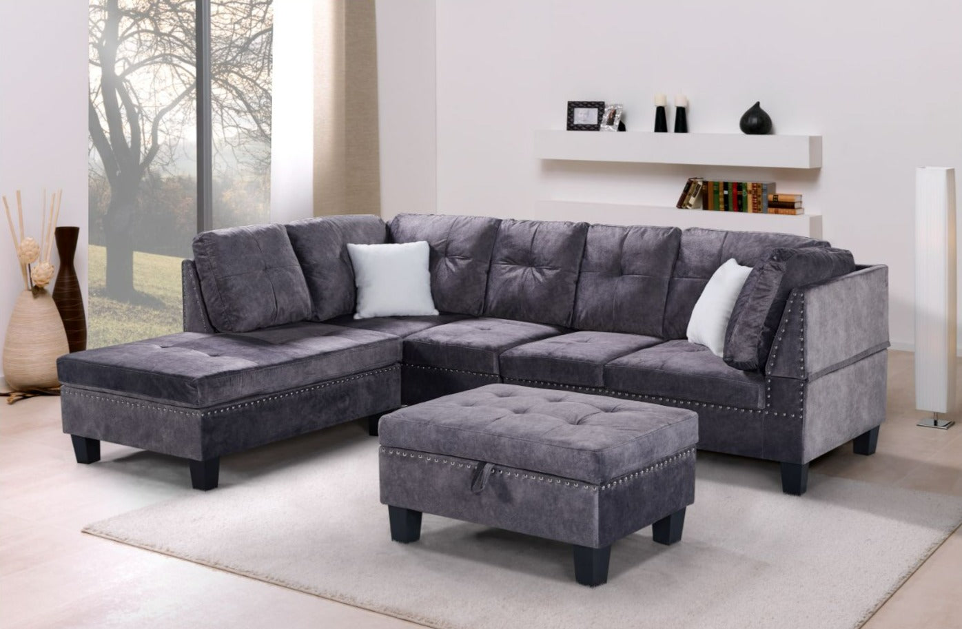 Snow Reversible Grey Sectional Sofa with Ottoman 1013